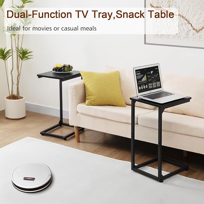 AMHANCIBLE C Shaped End Table Set of 2, Couch Side Table that Slide Under Sofa, Narrow Small Space TV Trays for Living Room, Bedroom, Black, HET02CBK