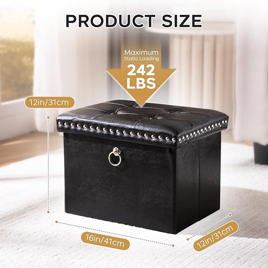 oakvivo Small Storage Ottoman Foot Rest Stool, 16x12x12 in Foldable Leather Footstool Storage Bench with Rivet Design, Thicker Foam Padded Seat, Footrest Under Desk for Living Room Bedroom, Black