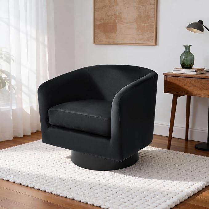 Swivel Barrel Accent Chair, Modern Round Chenille Fabric Arm Chair for Living Room, Bedroom, Comfy Club Reading Chairs for Adults(Velvet Black, Set of 4