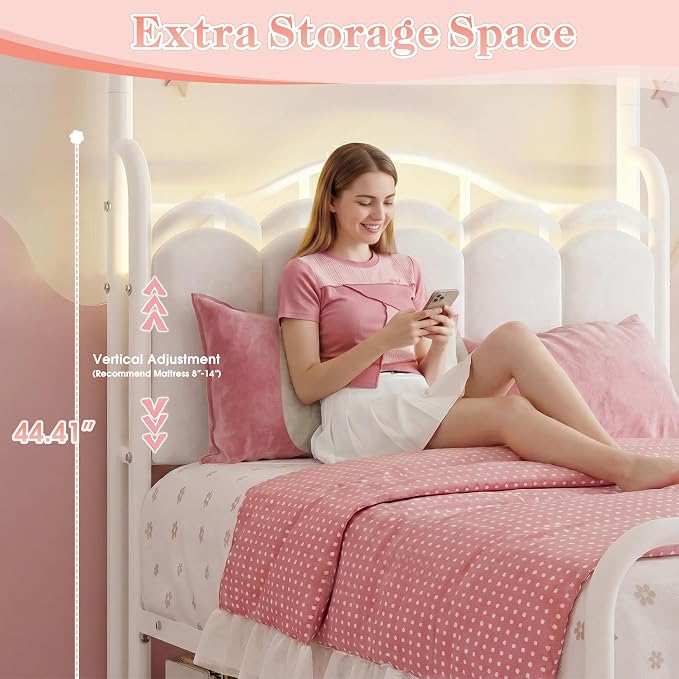 Homkdom Canopy Bed Frame Twin with Storage Drawers and LED Lights & Charging Station,Princess Velvet Upholstered Headboard,Heavy Duty 880lb,Easy Assembly,White