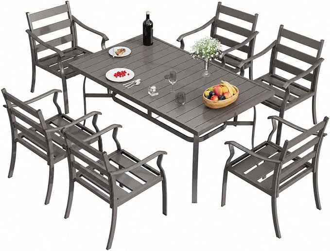 EROMMY 7-Piece Outdoor Patio Dining Set for 6, 6 Metal Slat Chairs & Rectangular Table with Umbrella Hole, Heavy-Duty Patio Furniture for Backyard, Deck and Garden