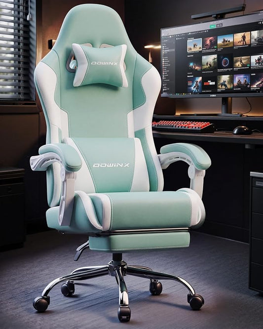 Dowinx Ergonomic Gaming Chair with Footrest & Massage Lumbar, 2D-Linkage Armrests for Computer Chair 330lbs with Headrest Pillow for Office, Home, Streaming and Long Gaming Sessions, Fabric Blue White