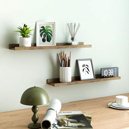 Floating Shelves for Wall Decor, Long Wall Mounted Storage Shelf for Bedroom, Living Room, Bathroom, Kitchen, Nursery, Rustic Display Picture Ledge Shelf with Lip Set of 2-24 Inches, Brown