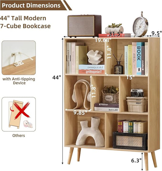LEYAOYAO Cube Bookshelf 3 Tier Mid-Century Light Wood Modern Bookcase with Legs,Retro Wood Bookshelves Storage Organizer Shelf,Freestanding Open Book Shelves for Bedroom,Living Room,Office