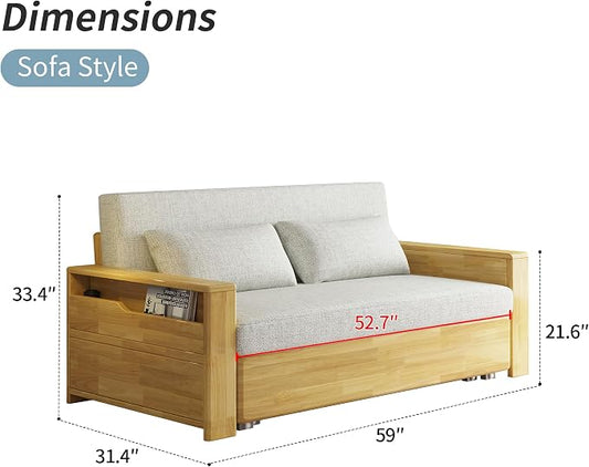 59" 3 in 1 Convertible Sleeper Sofa with Storage, Grey Soft Cushion Sectional Couch, Reversible Chaise, Solid Wood Log Color Frame Pull-Out Bed for Living Room, Apartment, Office
