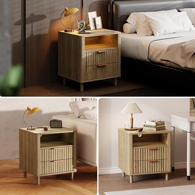 Fluted Nightstand Set of 2, 2 Drawers Storage Bedside Table with Charging Station, Wood Modern Nightstand with Open Shelf, Curved Profile Design, End Table for Indoor Room Bedroom, Oak