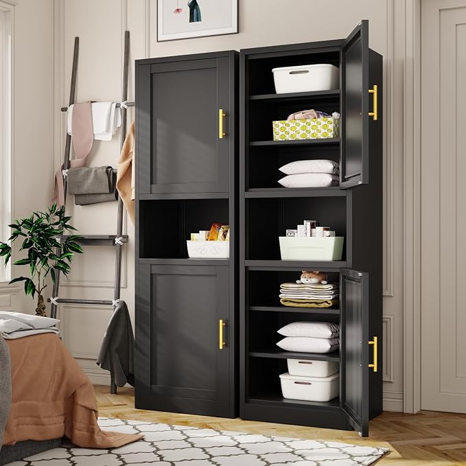Tall Metal Narrow Bathroom Storage Cabinet 67" H, Tall Black Pantry Cabinets with 4 Adjustable Shelves and 2 Doors for Kitchen, Home Office, Living Room, Dining Room(16 inches Wide)