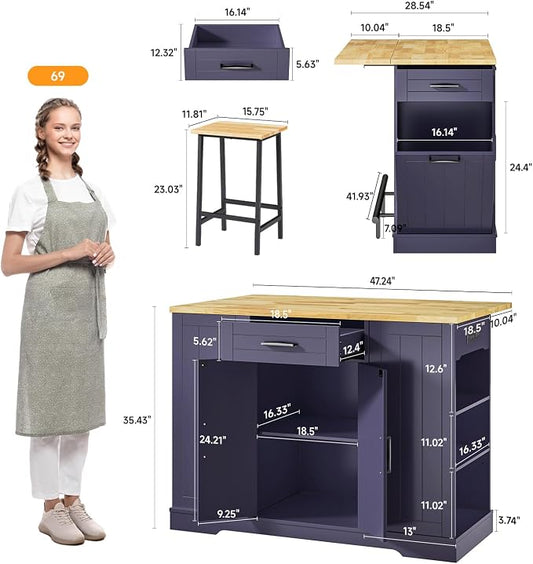 ONBRILL Stationary Kitchen Islands Include 2 Chairs, 47" Kitchen Island with Drop Leaf, Home Bar Table with Spice Rack & with Trash Cabinet, Island Table for Dining Room with Power Outlet, Blue