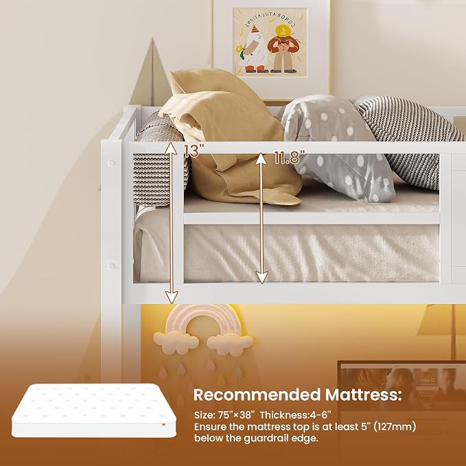 Itaar Stairway Twin Size Loft Bed with L Shaped Desk and Wardrobe, Metal Loft Bed Frame with Storage Stairs, 3 Fabric Drawers, LED Lights & Charging Sation (White, Twin)