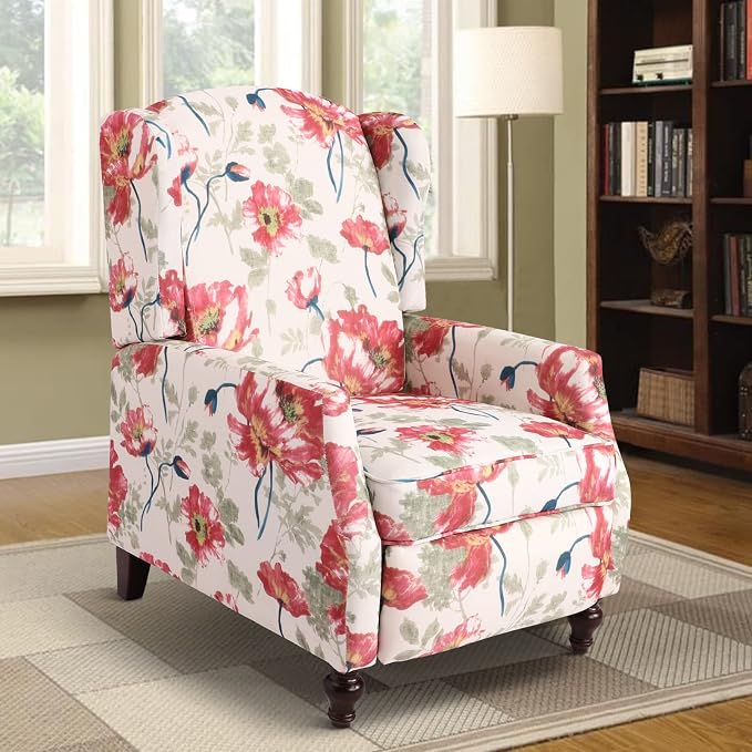 Upholstered Wingback Recliner Chair, Traditional Push Back Recliner Chair with Padded Seat, Fabric Floral Chair Wingback Recliner with Wooden Legs, Small Recliners for Small Spaces