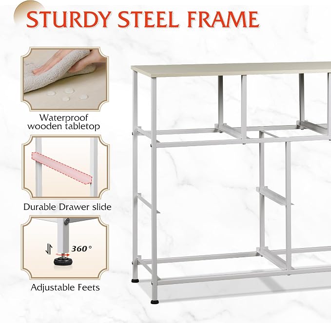 WLIVE 7 Drawer Dresser TV Stand, Entertainment Center, Media Console Table with Metal Frame and Wood Top for TV up to 45 inch, Chest of Drawers for Bedroom, Living Room, Light Grey