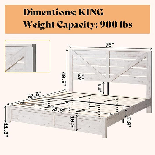 AMERLIFE King Size Bed Frame with 49.2" Barn Door Headboard and Footboard, Farmhouse Platform Bed Frame with Wood Slats, No Box Spring Needed, Under Bed Storage, Distressed White