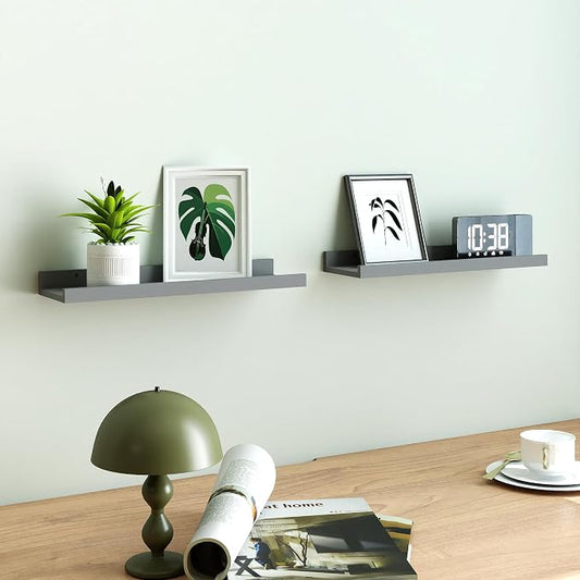 Floating Shelves for Wall Decor, Wall Mounted Wood Storage Shelf for Bedroom, Living Room, Bathroom, Kitchen, Nursery, Display Picture Ledge Shelf with Lip Set of 2-16 Inches, Grey