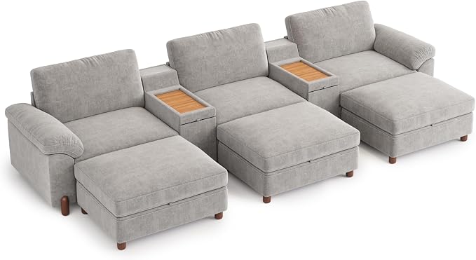 SITJOY Large Cloud Couch, 146" Wide 3 Seater Bed with Console, Light Gray | Detachable and Washable Chenille Cover Sectional Sofas for Living Room, Deep Seat Wide Couch with Chaise, Storage Ottoman