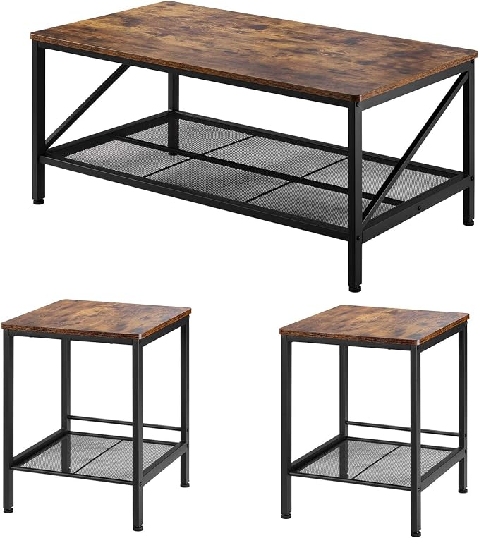 VEVOR 3 Pieces Living Room Table Sets, 41.3 in Industrial Coffee Table with 2 Square End Side Tables, Easy Assembly Coffee and End Tables Sets with Metal Legs, for Office, Living Room & Apartment