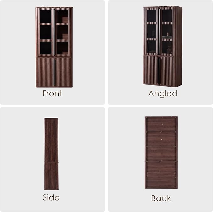 77" Tall Storage Cabinet - Fluted Pantry Cabinets with Glass Doors, Wooden Kitchen Food Cupboard, Adjustable Shelves, Modern Display Storage Closet for Living Room, Dining Room, Office, Brown 1pc