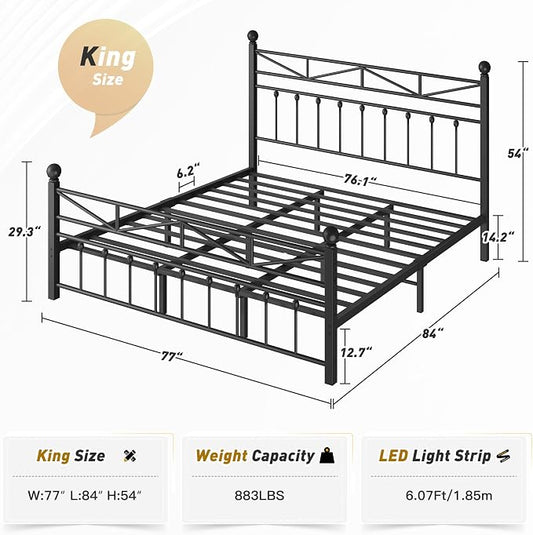 EnHomee 14.2" King Bed Frame with Tall Headboard & Footboard, Metal Bed Frame with Strong Slats Support and Noise-Free Design,Under Bed Storage,No Box Spring Needed,Black