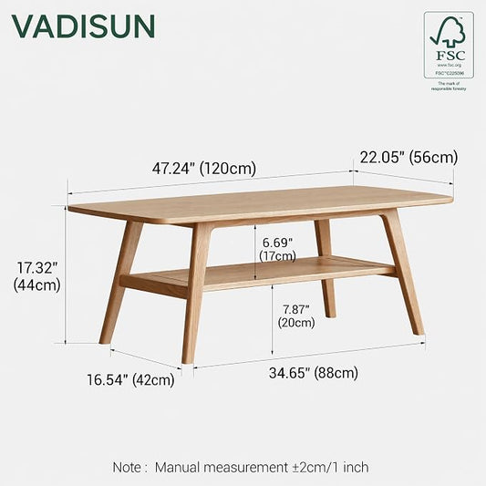 100% Solid Wood Coffee Table for Living Room, 47.24" Mid Century Modern Tables with Shelf Storage, 2-Tier Coffee Table with Rounded Corners (Oak Wood Log Color, 47.24" L)