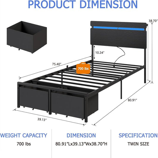 Forestell Twin Bed Frames with Wood Headboard, Black Platform Bed with 2 Storage Drawers & Shelf, Built in Charging Station & LED Lights, Metal Support, No Box Spring Needed, Camas Twin Size