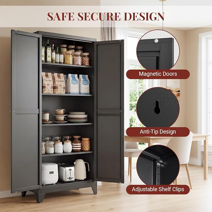 71" Metal Kitchen Pantry Cabinet with Dual Handles & Adjustable Legs, Freestanding Storage Cabinet with Doors and 4 Adjustable Shelves, Tall Food Pantry for Kitchen Dining Room, Black