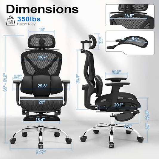 Freepub Ergonomic Mesh Office Chair, Home Desk Chair with Adjustable Lumbar Support, 3D Headrest and Armrests, Reclining Big and Tall High Back Computer Gaming Chair for Man Women, 350lbs, Black