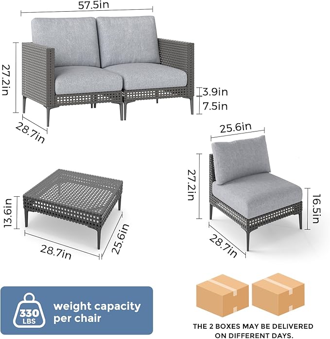 Jocoevol Outdoor Patio Sofa Conversation Set–Rattan 4 Seats Comfortable Couch for Garden, Yard, Weatherproof–Includes Glass Table, Armless Chairs, and Two-Seater Sofa
