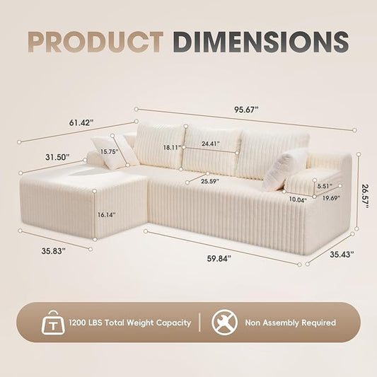 Hobestluk Boneless Couch Modular Sectional Sofa L-Shape Cloud Couch Lounge | 96" Left Facing Chaise White,Memory Foam,Removable Cover,Non-slip Bottom,No Assemble Required,Furniture for Small Home