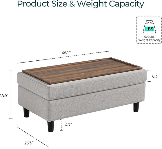 LINSY HOME 46 Inches Wide Storage Ottoman Bench, Linen Coffee Table Long Shoes Bench Footstool, Storage Chest, Foot Rest Stool, for The Living Room, Entryway and Family Room (Grey)