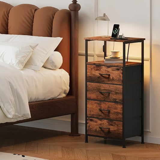 Somdot Tall Nightstand with Charging Station and LED Light for Bedroom, 4 Drawers Dresser with Fabric Bins for Bedside Kids Dorm Room Closet Laundry Entryway, Wood Grain Print