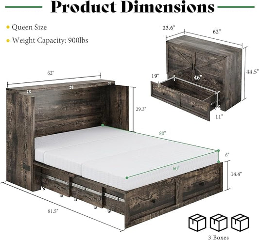 LUXOAK Queen Murphy Bed with 6" White Tri-Fold Memory Foam Mattress, Storage Drawer & Charging Station, Space-Saving Design for Home Office or Guest Room, Black Oak