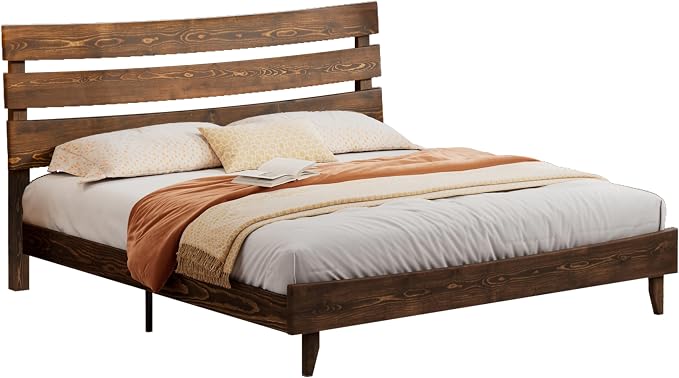LUXOAK 14 Inch Solid Wood Bed Frame with Headboard, Japanese Bed Frame, Mid-Century Style Queen Size Platform Bed with Wood Slats Support, No Box Spring Needed, Easy Assembly, Chocolate