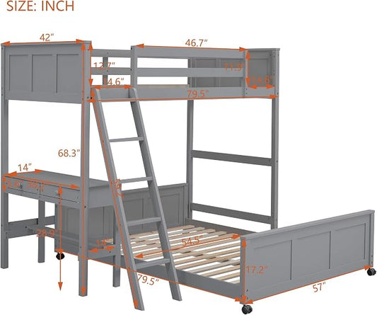 Ball & Cast Twin Over Full Bunk Bed with Safty Guardrail & Stairway,Heavy Duty Wood Loft Bedframe W/Desk & Drawers,Easy Assembly,Versatile Functional Bedroom Furniture Set for Boy Girl Teens,Gray