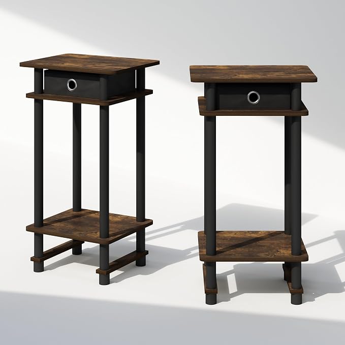 Furinno Turn-N-Tube Tall Nightstand with Bin, 2-Pack, Plastic Poles, Amber Pine/Black | Tall Narrow, Open Shelf Design Nightstand with Storage Bin, Bedside Table, End Table, Side Table, for Bedroom, Closet, Dorm