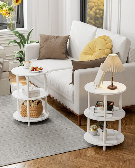 XBurmo Small Round End Table - 3 Tier Design Accent Table, Narrow Side or Bedside Stand, Industrial Vintage Nightstand for Bedroom, Living Room, or Small Spaces, Set of 2, Marble White