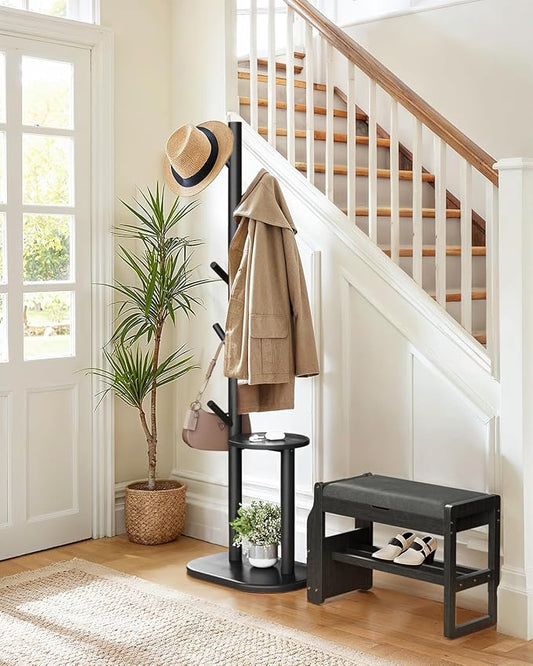 Pipishell Coat Rack, Freestanding Hall Tree with 8 Hooks & Storage Shelf, Solid Wood Base, 66.3″ Tall Coat Rack Stand for Coats, Hats, Bag in Entryway, Bedroom, Living Room, Black, PIFCR11B