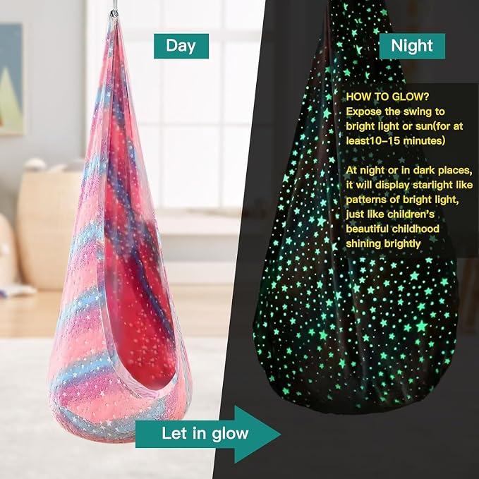 Kids Pod Swing Seat, Flannel Sensory Swing Chair Nightglow with PVC Inflatable Cushion, Hanging Hammock Chair for Indoor&Outdoor Use