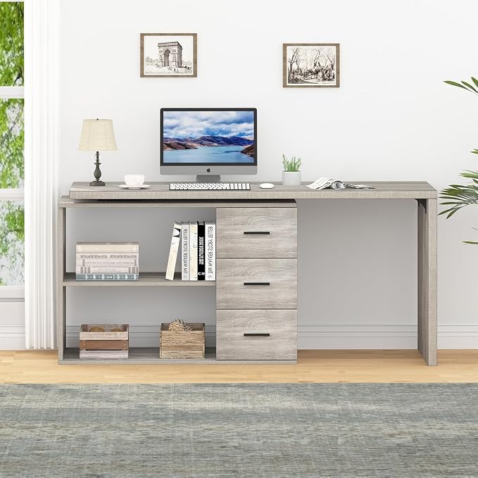 HSH L Shaped Office Desk with Drawers, Reversible Corner Wood Computer Desk Gray, Large L Shaped Desk with Storage Cabinet Shelves for Executive Writing Study, Modern Bedroom Table Grey Oak, 60 Inch