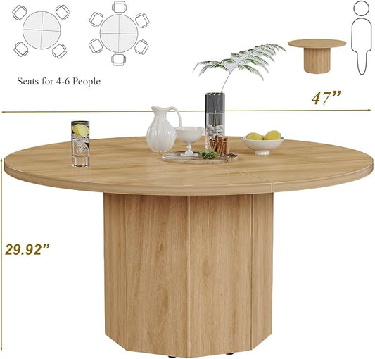 HSH 47” Round Dining Table for 4, Modern Farmhouse Wood Dinner Table with Octagon Pedestal Base, Circular Kitchen Dining Room Table for Home Apartment Living Room, Light Oak