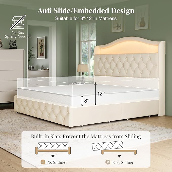 Queen Size Bed Frame and Headboard & 4 Storage Drawers, Upholstered Platform Bed Frame with RGB LED Lights & Charging Station, No Box Spring Needed, Easy Assembly, Noise-Free, Beige