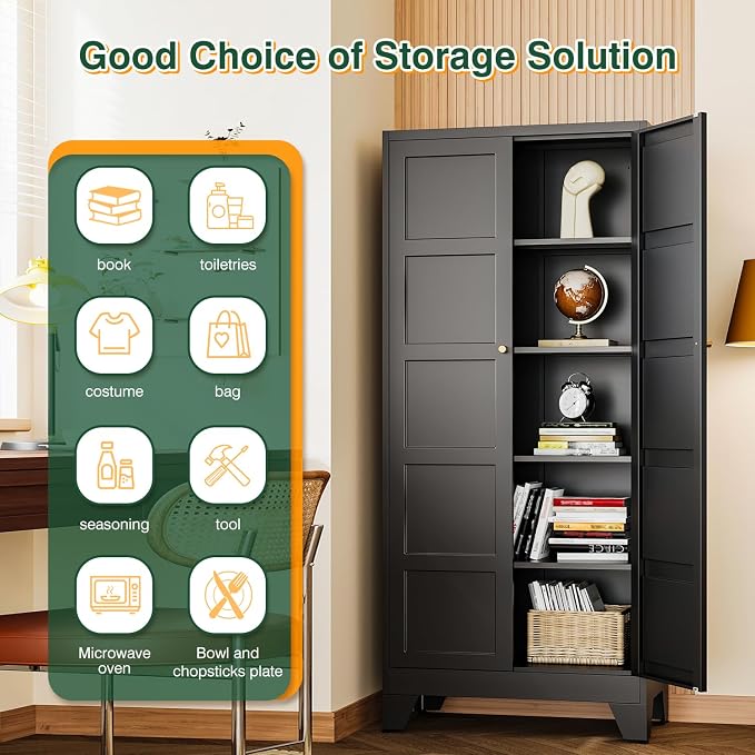 Letaya 72" H Metal Storage Cabinet with 2 Doors and 4 Shelves,Tall Kitchen Pantry Cabinets,Utility Pantry Organizers for Cupboard/Dining/Bathroom/Home Office/Garage (Black, 72" H x 18" D x 33.5" W)