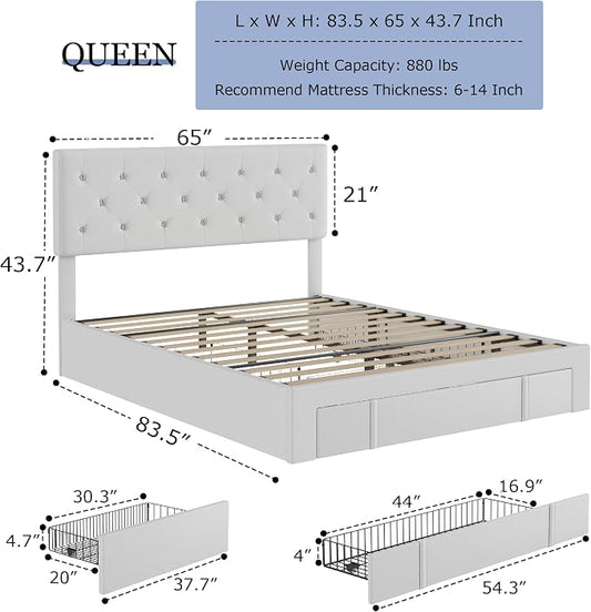VECELO Queen Size Bed Frame with 3 Storage Drawers, Leather Upholstered with Diamond Tufted Headboard, Solid Wood Slat Support & Steel Framework, PU & White