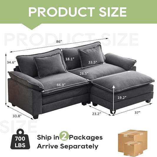 Oprisen 86" Modular Sectional Sofa, Comfy Cloud Couch Sectional Sofa with Ottoman, Velvet Sofa Sleeper Deep Seat Sofa with Throw Pillows for Living Room (Blue Gray, 86"- L Shape)