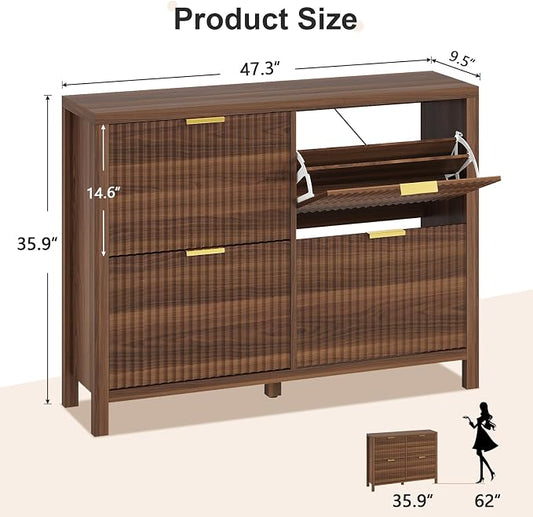 YOMILUVE Shoe Cabinet Storage for Entryway, Fluted Shoe Cabinet with 4 Flip Drawers, Hidden Shoe Rack Freestanding Wooden Shoe Organizer with Legs for Hallway, Walnut