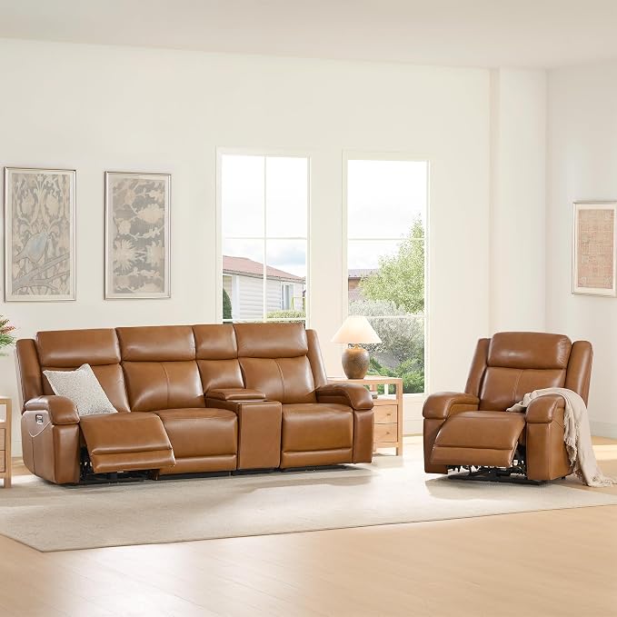 Watson & Whitely Genuine Leather Power Recliner Sofa, 3 Seater Wall Hugger Reclining Sofas with Storage Console, Power Headrest, USB, Electric Recliner Couch Set for Living Room, Saddle Brown