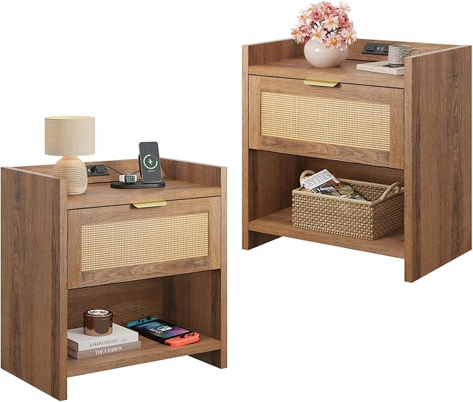 WLIVE Rattan Nightstands Set of 2, Night Stand Sets with Charging Station, Boho Bed Side Table with Storage Drawer and Open Shelf, End Tables Bedroom, Natural Oak
