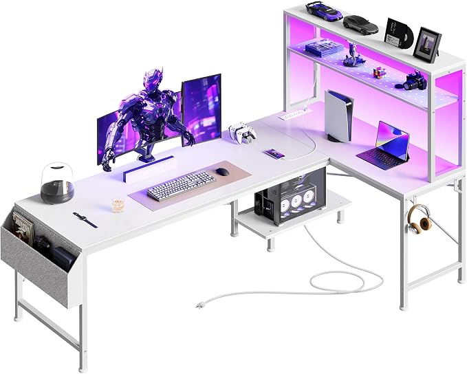 PRAISUN L Shaped Gaming Desk with LED Lights & Power Outlets, Reversible Computer Desk with Storage Shelves & Bag, Large Corner Home Office Desk with Pegboard for Work from Home, White