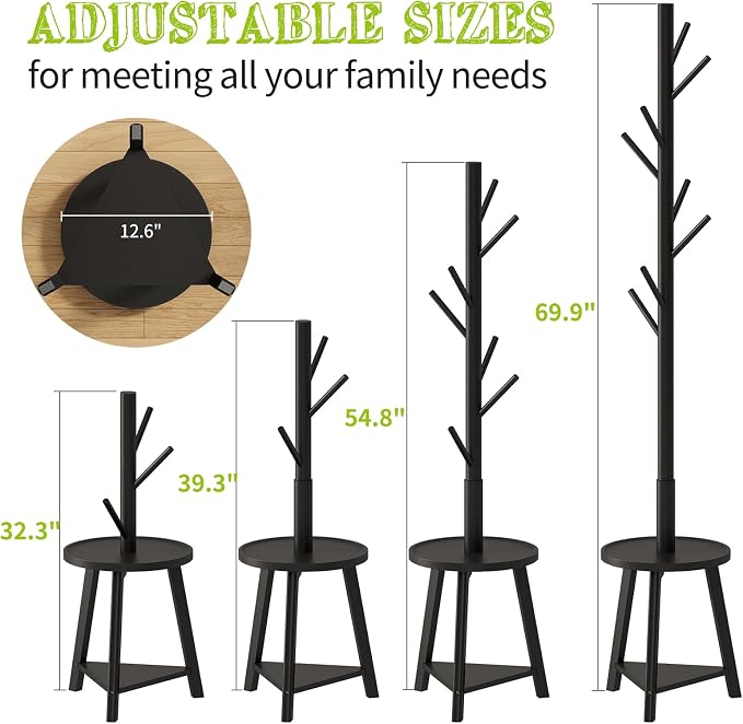 BMOSU Coat Rack freestanding Stand with Shelf Bamboo Wooden Coat Tree Easy Assembly 8 Hooks Standing Jackets Hanger Hallway Office Floor Coat Stand Black