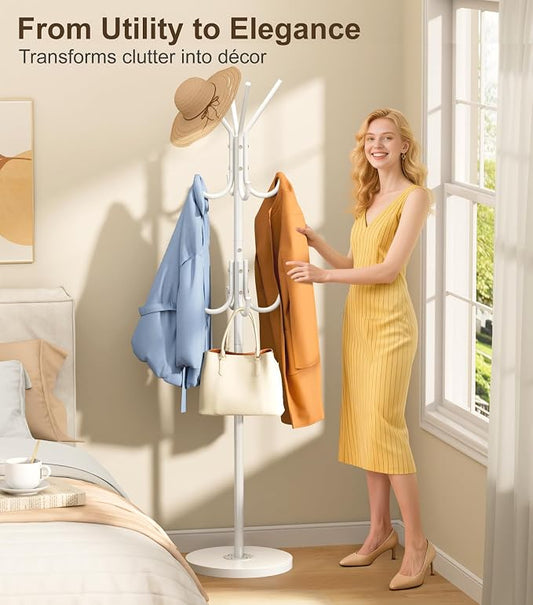 MISSLO Heavy Duty Coat Rack Freestanding with Stable Wood Base Modern White Coat Tree with 12 Hooks Adjustable Coats Hanger Stand Stylish Standing Clothes Tree for Entryway Bedroom Corner Hall