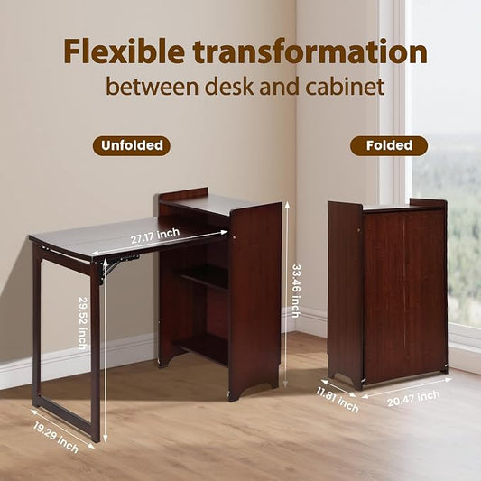 Bamboo Folding Desk with Storage, Mid Century Fold Out Table, Space Saving Foldable Desk for Small Spaces, Multi-Functional Computer Desk for Home Office, Bedroom, Apartment & Dorm