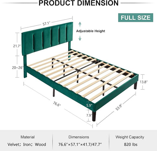 VECELO Full Size Bed Frame with Upholstered Headboard, Heavy-Duty Bedframe with Wooden Slats & Steel Framework, Easy Assembly, Dark Green
